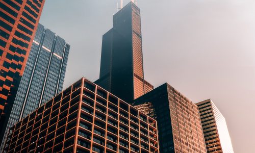 A vertical low angle shot of brown skyscrapers