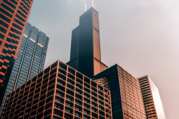 A vertical low angle shot of brown skyscrapers